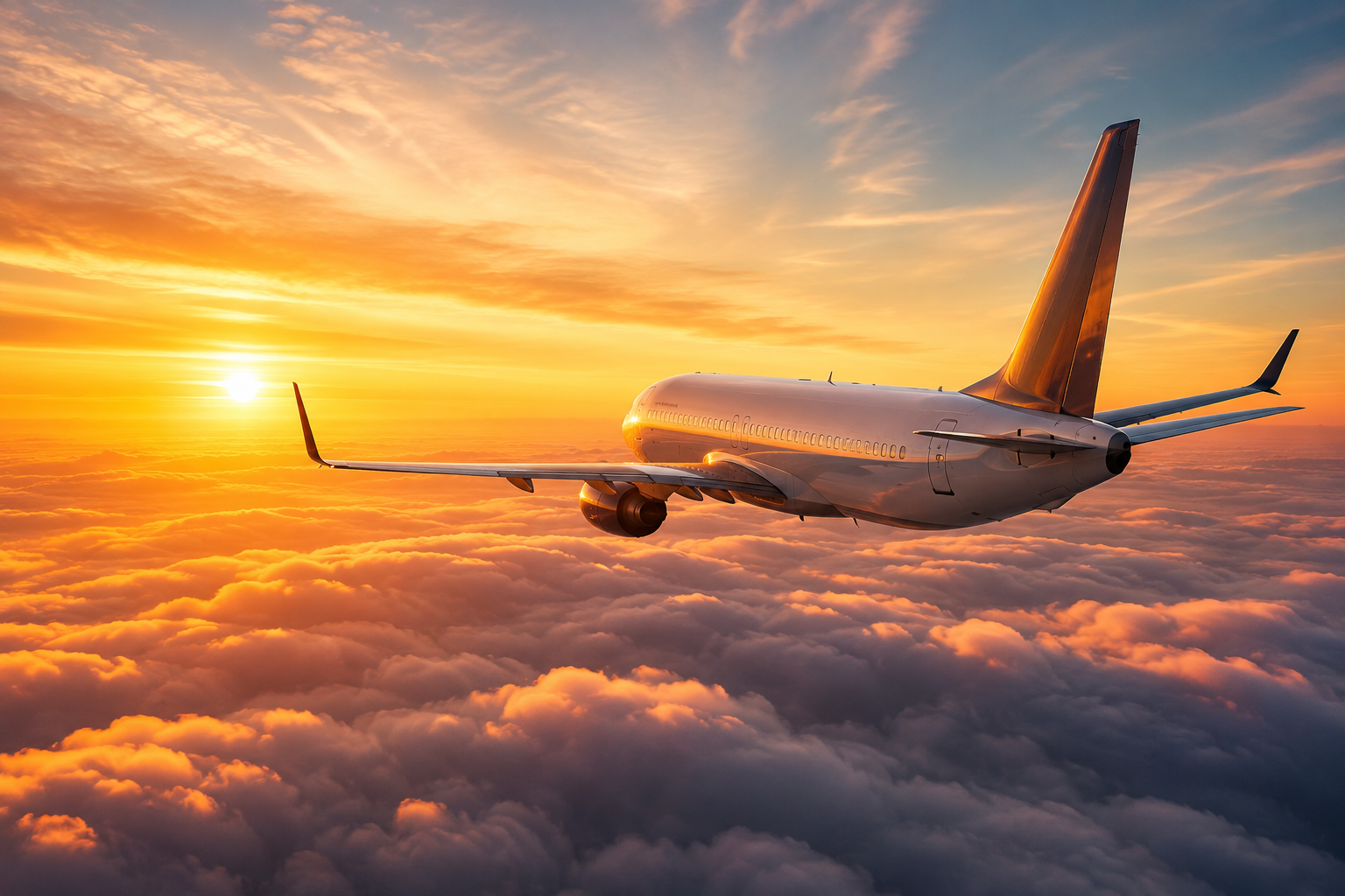 A jet above the clouds at sunset